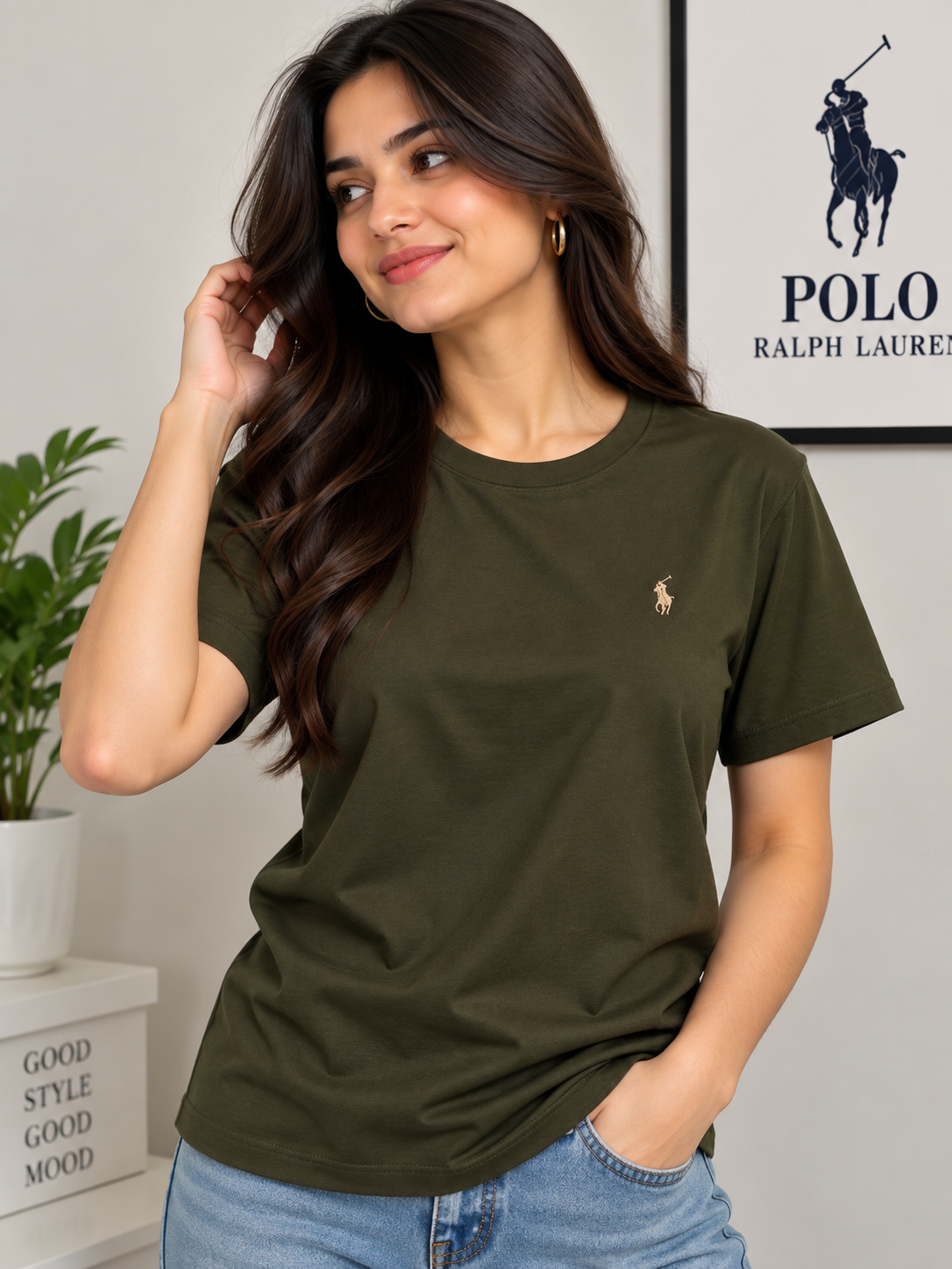 Women Pony Horse Olive Tshirt
