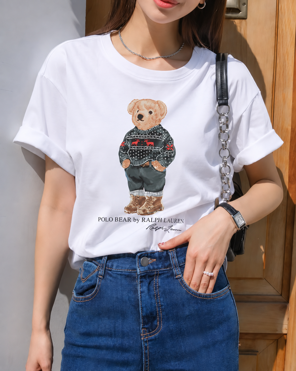 Women TEDDY BEAR T-SHIRT WHITE CHRISTMAS SWEATER