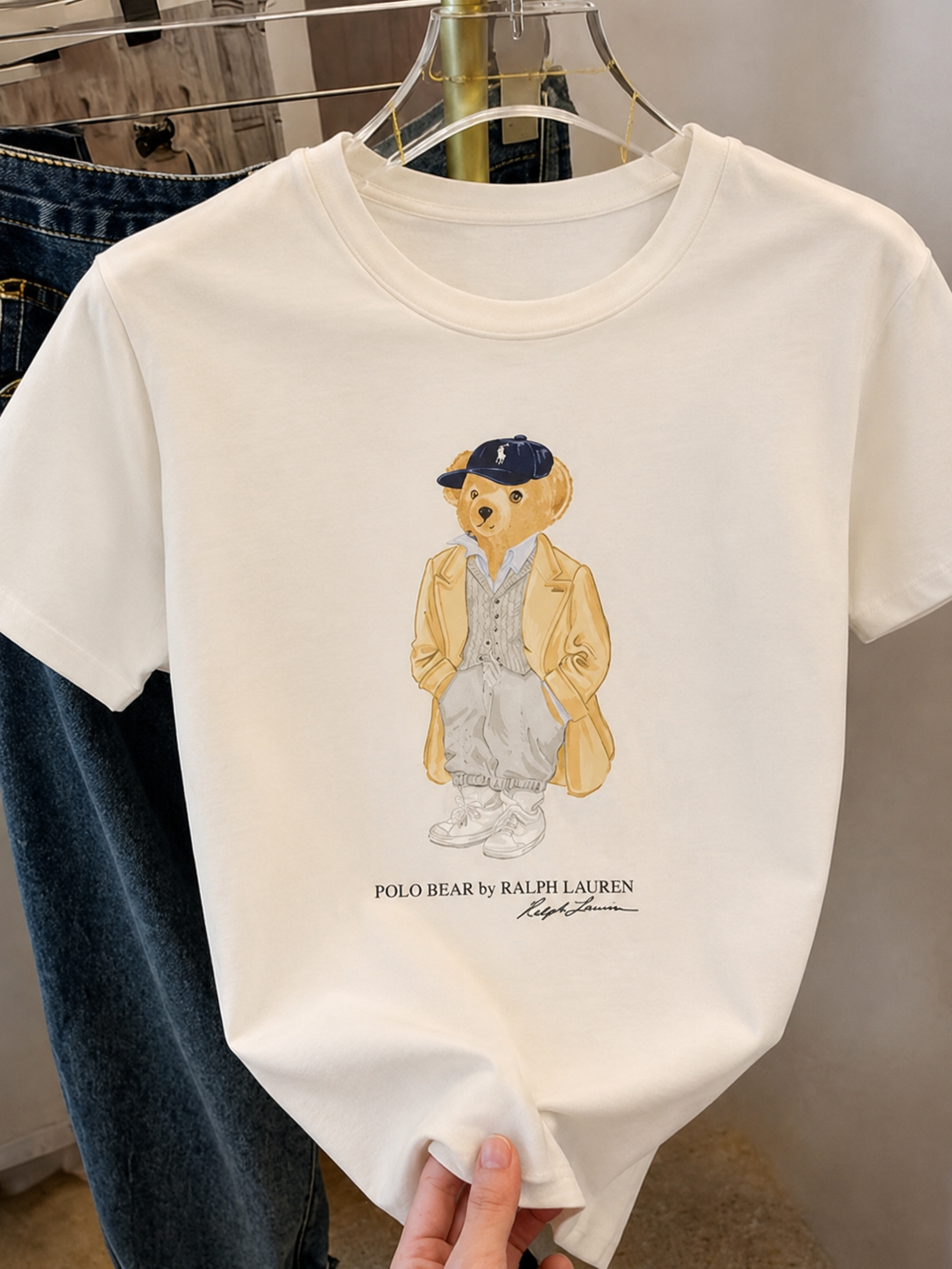 Women TEDDY BEAR T-SHIRT WHITE BROWN COAT